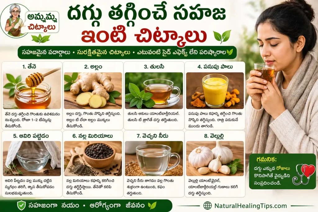 దగ్గు తగ్గించే సహజ ఇంటి చిట్కాలు, తేనె, అల్లం టీ, తులసి, పసుపు పాలు మరియు ఆవిరి పట్టడం వంటి natural remedies చిత్రం