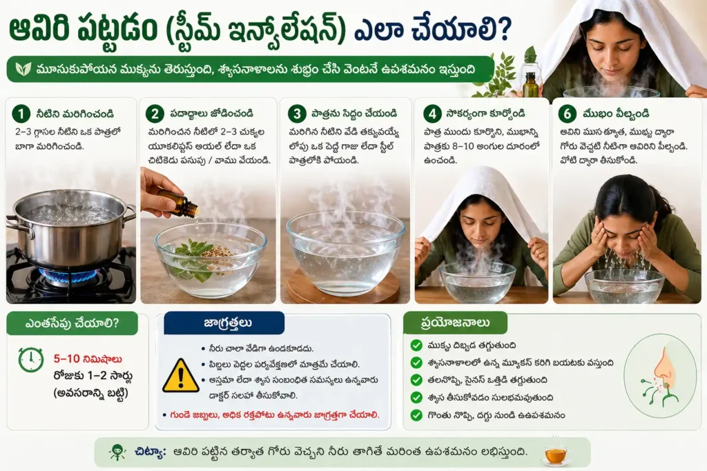 జలుబు వెంటనే తగ్గించే చిట్కాలు కోసం ఆవిరి పట్టడం చేసే విధానం – నీరు మరిగించడం, ఆవిరి పీల్చడం, ముక్కు దిబ్బడ తగ్గించడం వంటి దశలతో తెలుగు ఇన్ఫోగ్రాఫిక్