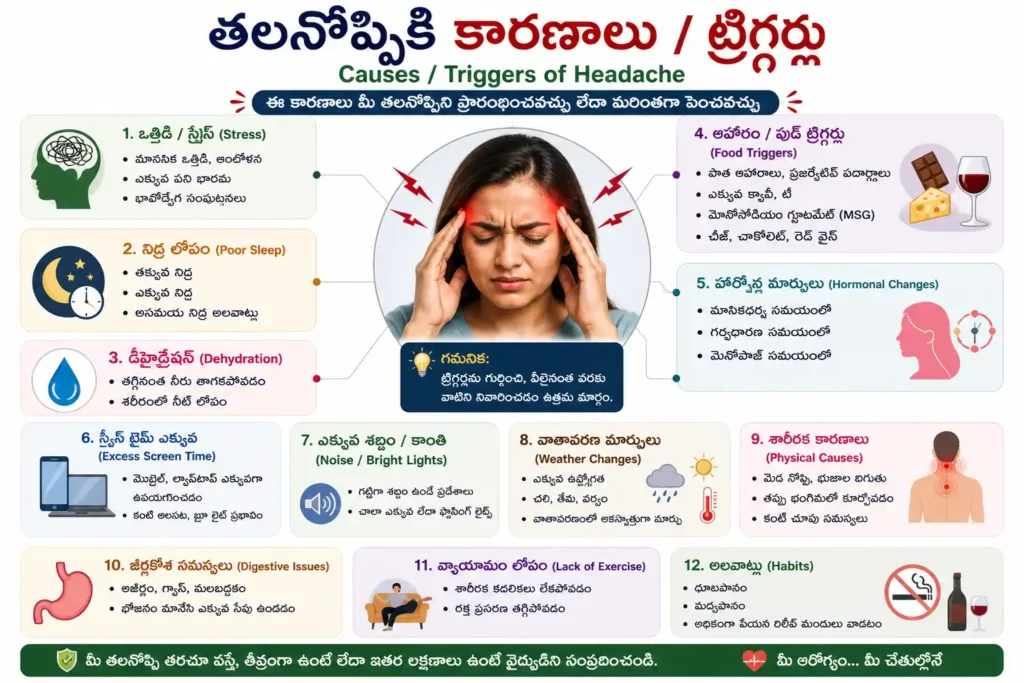 తలనొప్పి కారణాలు చూపించే ఇన్ఫోగ్రాఫిక్ – స్ట్రెస్, నిద్రలేమి, డీహైడ్రేషన్, స్క్రీన్ టైమ్, ఆహార ట్రిగర్స్, హార్మోనల్ మార్పులు మరియు ఇతర కారణాలు