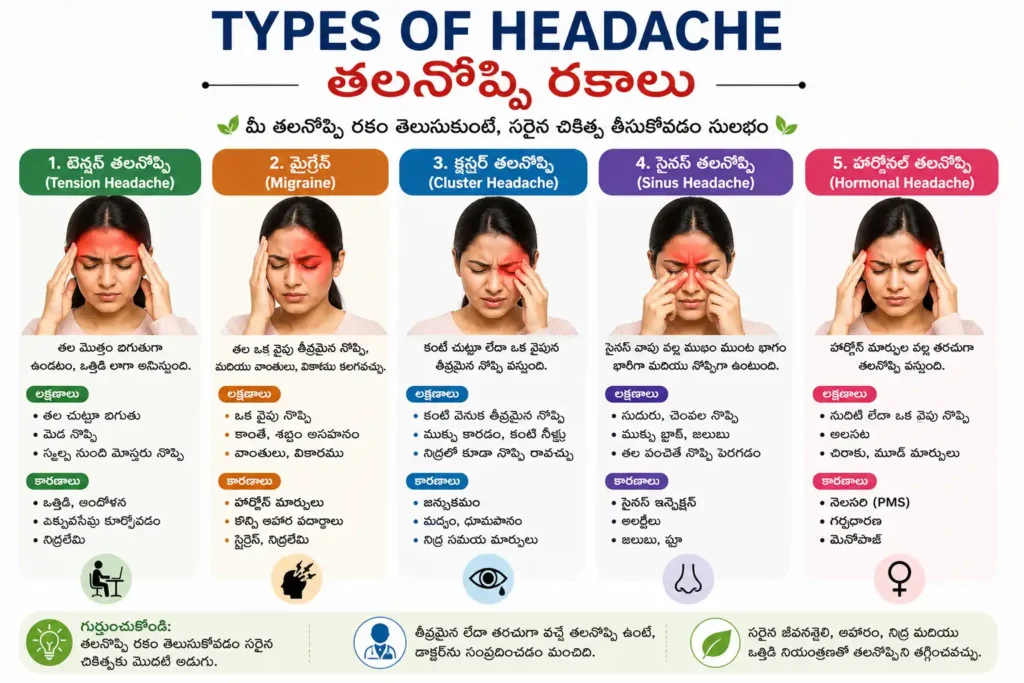 తలనొప్పి రకాల మధ్య తేడాలు తెలుసుకుంటే సరైన చికిత్సను ఎంచుకోవడం సులభం అవుతుంది