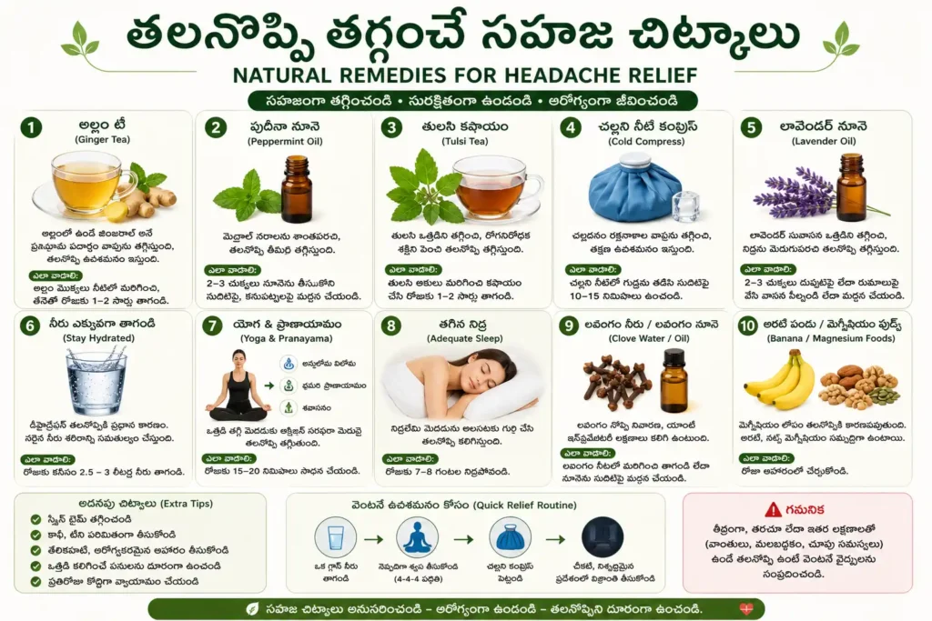తలనొప్పి తగ్గించే సహజ చిట్కాలు చూపించే చిత్రం – అల్లం టీ, పుదీనా ఆయిల్, తులసి కషాయం, చల్లని కంప్రెస్ మరియు నీరు తాగడం వంటి సహజ నివారణలు
