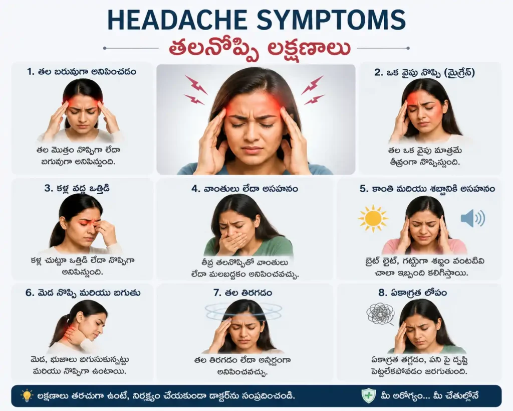 తలనొప్పి లక్షణాలు చూపించే చిత్రం – కంటి ఒత్తిడి, తల బరువు, మైగ్రేన్ నొప్పి, మెడ నొప్పి మరియు అలసట లక్షణాలు