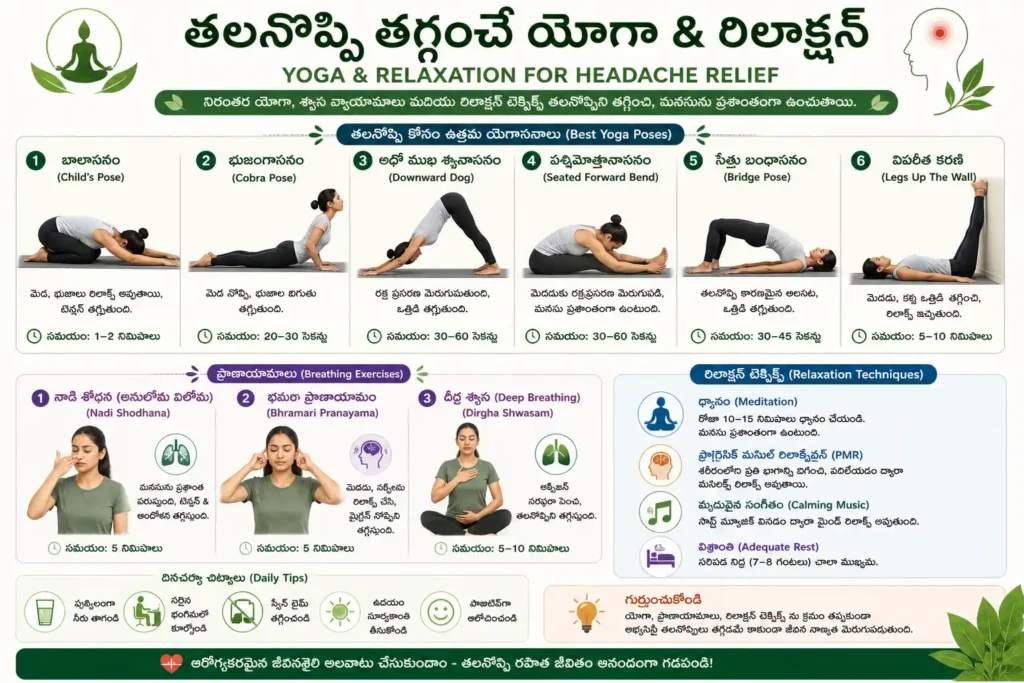 తలనొప్పి తగ్గించేందుకు యోగా మరియు రిలాక్సేషన్ పద్ధతులు చూపించే చిత్రం – అనులోమ విలోమ, శవాసనం, బాలాసనం వంటి ఆసనాలు