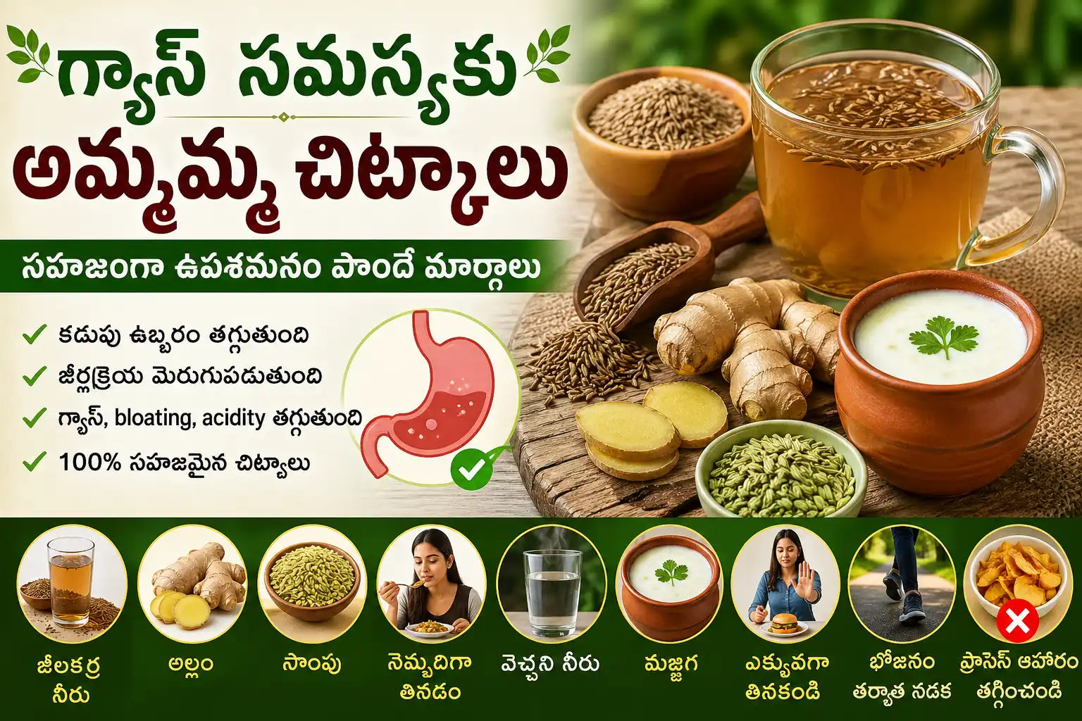 గ్యాస్ సమస్యకు అమ్మమ్మ చిట్కాలు - జీలకర్ర నీరు, అల్లం, సొంపు, మజ్జిగతో సహజంగా గ్యాస్ మరియు bloating తగ్గించే విధానం