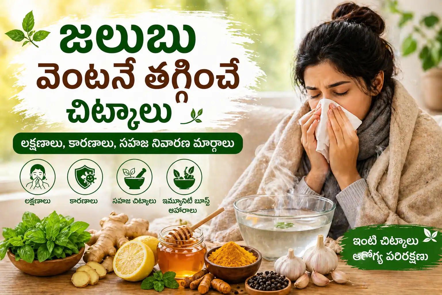జలుబు వెంటనే తగ్గించే చిట్కాలు కోసం సహజ చికిత్సలు – ఆవిరి పట్టడం, గోరు వెచ్చని పానీయాలు, సహజ పదార్థాలతో రిలీఫ్ పొందుతున్న వ్యక్తి చిత్రం